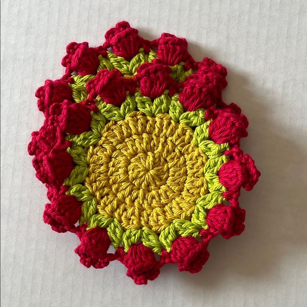 Handcrafted Floral Crochet Coaster - Red and Yellow green set of 2